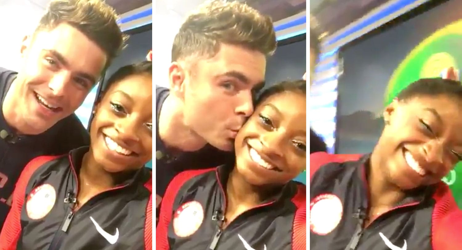 Fimleikastjarnan Simone Biles fékk koss frá Zac Efron í Ríó