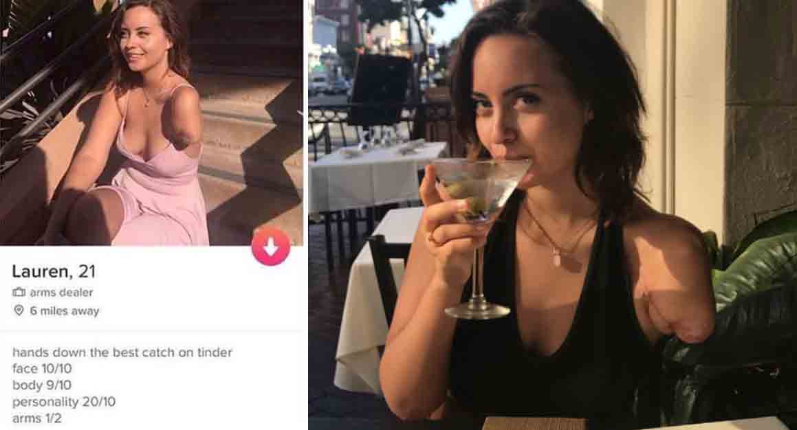 Einhent kona gerir grín að sjálfri sér á Tinder: „Hands down the best catch on Tinder“